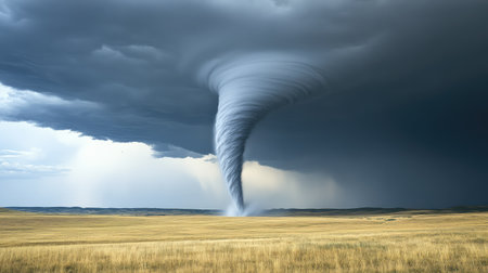 A stunning tornado touches down in an open prairie, surrounded by dark storm clouds. This image captures the breathtaking power and beauty of severe weather in a rural landscape.の素材