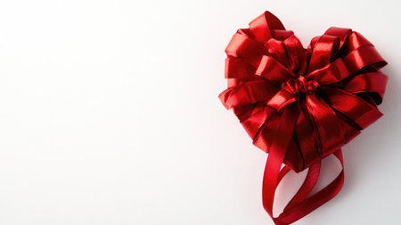 A vibrant red heart-shaped gift bow made of shiny satin ribbons, displayed elegantly on a simple white background, ideal for love-themed promotions or events.の素材