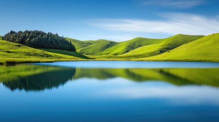 A serene landscape featuring lush green hills, a tranquil lake, and a clear blue sky, creating a perfect environment for relaxation and nature exploration.の素材