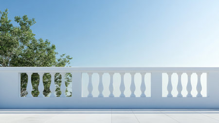 Bright and airy balcony scene featuring a stylish railing, a clear blue sky, and lush greenery, ideal for evoking feelings of tranquility and outdoor inspiration.の素材