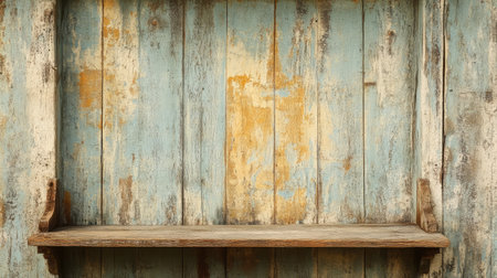 This image showcases a rustic wooden shelf set against a textured blue and yellow wall, ideal for representing vintage aesthetics and home decoration ideas.の素材