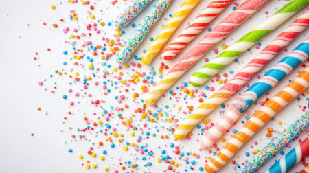 A delightful arrangement of colorful striped candy sticks surrounded by vibrant sprinkles, creating a playful and festive atmosphere for any celebration or event.の素材
