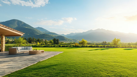 Enjoy the breathtaking view of a spacious backyard featuring lush green grass and impressive mountains, bathed in warm sunlight during a tranquil summer evening.の素材