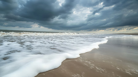 A tranquil beach scene featuring gentle waves lapping against the shore under a cloudy sky. The image evokes a sense of calm and showcases the beauty of nature.の素材