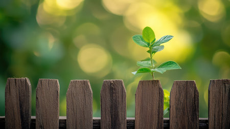 A beautiful green plant emerges through a rustic wooden fence, capturing the essence of growth and resilience in nature, against a soft, sunlit bokeh backdrop.の素材