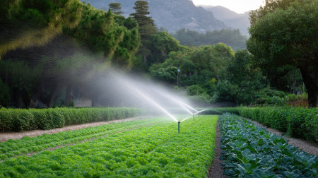 A vibrant garden showcasing fresh vegetable cultivation with an irrigation system, surrounded by lush greenery and stunning natural scenery during golden hour.の素材