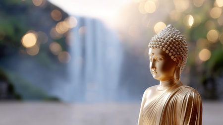 This captivating image features a golden Buddha statue against a serene waterfall backdrop, symbolizing peace and mindfulness, perfect for meditation themes.の素材