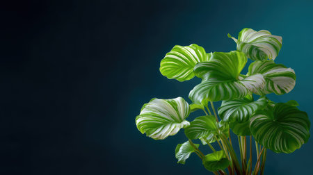 This image features a beautiful variegated plant showcasing lush green leaves against a soft gradient background, adding elegance to any indoor space.の素材