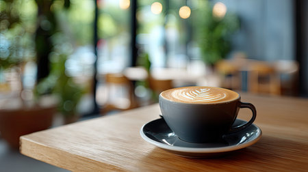 A beautifully crafted latte art coffee sits on a wooden table in a cozy cafe, showcasing intricate foam design and inviting atmosphere for relaxation.の素材