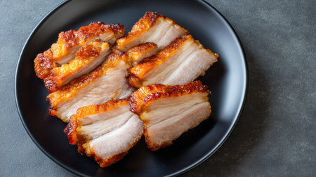 Slices of crispy and tender pork belly are artfully arranged on a black plate, showcasing the delicious texture and inviting colors of this gourmet dish.の素材