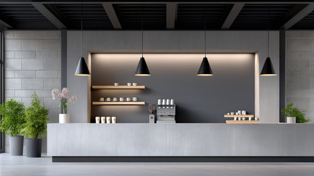 This modern coffee shop interior features a sleek counter, elegant decor, and vibrant plants, creating a cozy and inviting atmosphere for patrons.の素材