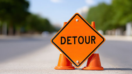 A bright orange detour sign placed on a road with traffic cones, signaling a change in direction, surrounded by blurred trees and a blue sky.の素材