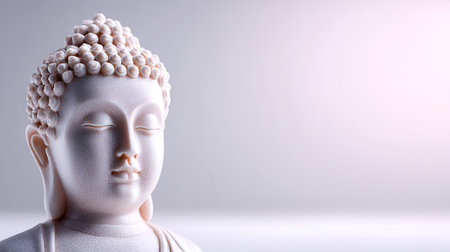 A peaceful close-up of a serene Buddha statue showcasing soft details and texture, perfect for themes of mindfulness, tranquility, and spiritual decor.の素材