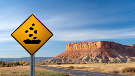 A caution sign indicating falling rocks stands prominently alongside a wide road, set against a stunning desert plateau under a blue sky.の素材