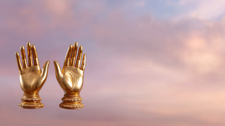 This image features golden hands symbolizing peace and harmony, set against a beautiful pastel sky, evoking tranquility and spiritual connection.の素材