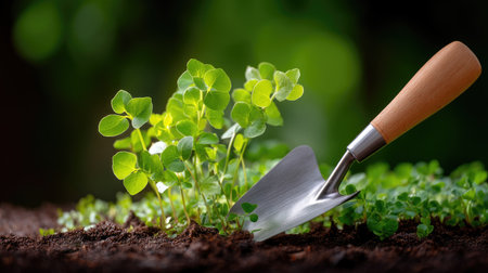 A captivating image showcasing small green plants growing in rich soil with a gardening trowel, capturing the essence of nature's beauty and nurturing.の素材