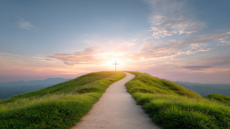 A tranquil pathway leads toward a cross silhouette, set against a vibrant sunset over rolling hills, evoking themes of spirituality and peace.の素材