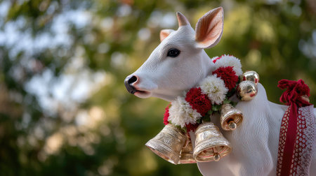 A beautifully decorated white calf featuring a floral garland and bells stands gracefully in a natural outdoor environment, symbolizing peace.の素材