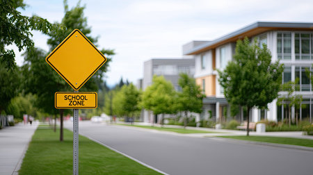 A clear view of a yellow school zone sign on a quiet street, surrounded by modern buildings and lush trees, ensuring safety for pedestrians and children.の素材