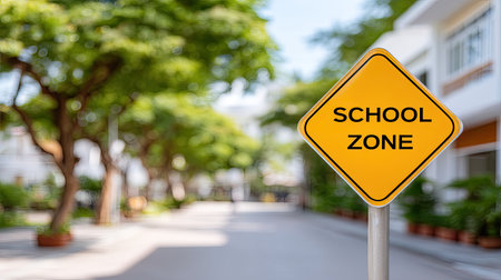 Bright yellow school zone sign stands prominently in an urban environment, signaling caution to drivers. Green trees line the street, enhancing safety.の素材
