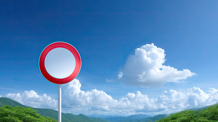 A striking red circular sign stands prominently against a bright blue sky filled with fluffy white clouds, surrounded by lush green mountains. This serene landscape embodies peace and tranquility, making it ideal for various themes in design and storytelling.の素材