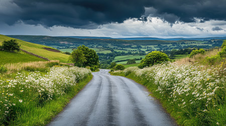 A picturesque rural road stretches through verdant fields and vibrant flora under a dramatic sky, embodying peace and natural beauty in the countryside.の素材