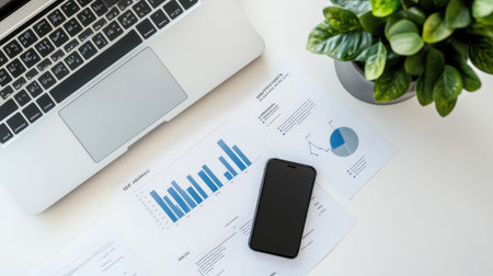 This image captures a modern workspace featuring a laptop with financial reports, a smartphone, and a green plant, ideal for depicting business analysis and productivity.の素材