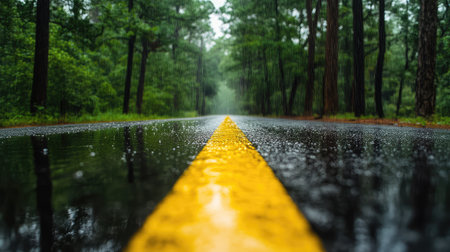 A peaceful forest road glistening with rain, featuring a vibrant yellow line. The wet pavement reflects the surrounding trees, creating a serene atmosphere.の素材