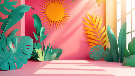 A vibrant indoor space featuring colorful tropical plants, a bright sun decoration, and ample sunlight streaming through the window, creating a lively atmosphere.の素材