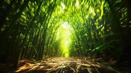 A serene view of a bamboo forest pathway bathed in sunlight, perfect for nature lovers seeking tranquility and inspiration in a lush green environment.の素材
