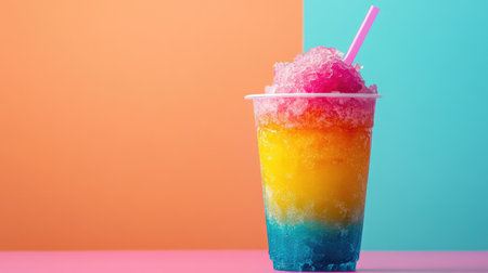 Enjoy a refreshing shaved ice dessert in a colorful cup featuring vibrant layers of yellow, blue, and pink, ideal for summer celebrations and relaxation moments.の素材