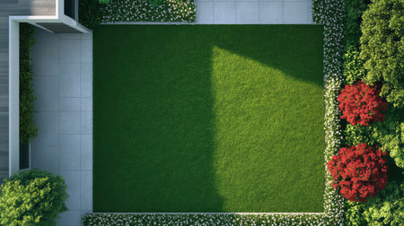 Aerial view of a lush green lawn framed by colorful flowers and neatly trimmed hedges, showcasing a serene outdoor space that inspires tranquility and beauty in contemporary landscapes.の素材