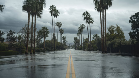 A serene view of a flooded urban street bordered by tall palm trees, creating a dramatic scene under a cloudy sky, evoking a sense of quiet beauty and nature's impact.の素材