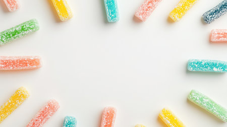 A vibrant display of colorful gummy candies arranged neatly on a white backdrop, emphasizing the sugary texture and playful nature of these delightful treats. Perfect for food-themed projects.の素材