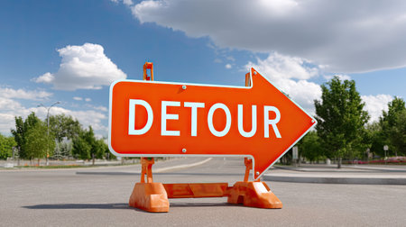 A bright orange detour sign with a clear arrow stands prominently on an empty city street, framed by lush trees and a vast sky. The scene highlights urban navigation and construction efforts.の素材
