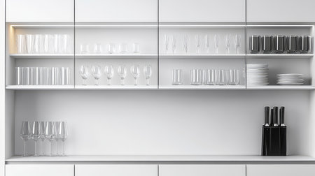 Elegant display of crystal clear glassware and tableware showcasing modern kitchen organization in a bright, minimalist setting featuring sleek lines and an inviting atmosphere.の素材