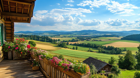 A stunning view from a balcony reveals expansive green fields and blooming flowers, set against a backdrop of mountains and a blue sky, perfect for peaceful retreats.の素材