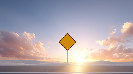 A captivating sunset scene featuring a solitary warning sign on an empty road, surrounded by soft pastel clouds and rolling hills. Ideal for travel and nature themes.の素材