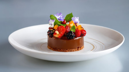 A stunning chocolate cake adorned with an array of fresh berries and delicate edible flowers, elegantly presented on a white plate, perfect for any occasion.の素材