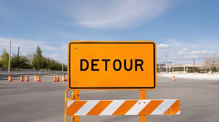 A vivid detour sign stands prominently against a clear blue sky, indicating a road diversion in an urban setting with construction barriers visible.の素材