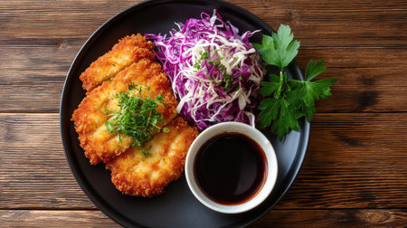 A delicious serving of crispy fried chicken cutlets accompanied by fresh cabbage slaw and a small bowl of soy sauce dip on a rustic wooden table.の素材