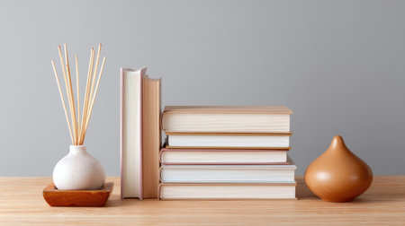 This image showcases a stylish arrangement of books, a ceramic vase, and an aroma diffuser on a minimalist wooden table, embodying modern interior design.の素材
