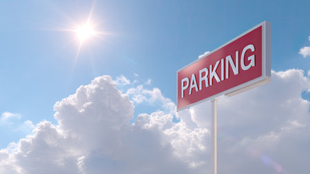 A vibrant image showcasing a prominent parking sign against a backdrop of fluffy clouds and a bright blue sky, perfect for travel and transportation themes.の素材