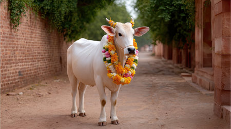 A stunning white cow wearing a vibrant floral garland stands gracefully in a tranquil village lane, surrounded by greenery and nature's beauty.の素材