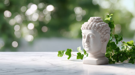 A beautiful Buddha statue rests on a smooth marble surface, complemented by lush greenery and a dreamy bokeh background, evoking peace and tranquility.の素材