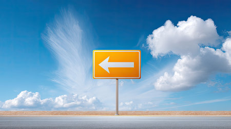 A vibrant yellow directional sign with an arrow stands prominently by the road, framed by a beautiful blue sky and fluffy white clouds, symbolizing guidance.の素材