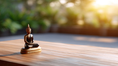 A tranquil Buddha statue sits gracefully on a wooden table, illuminated by soft sunlight. This serene setting embodies peace and mindfulness, perfect for relaxation.の素材