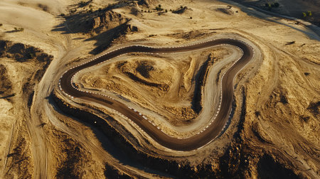 This image features an exquisite aerial view of a winding road nestled within a vast arid landscape, highlighting its unique curves and the surrounding natural topography.の素材