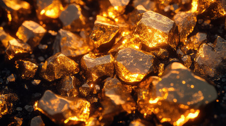 Stunning close-up of gold rocks showcasing exquisite texture and shimmering brilliance, perfect for themes centered around luxury, elegance, and natural beauty in various creative projects.の素材