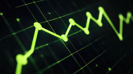 A vibrant green trend line showcases data movement against a dark backdrop, representing growth and digital analysis in modern finance and technology sectors.の素材